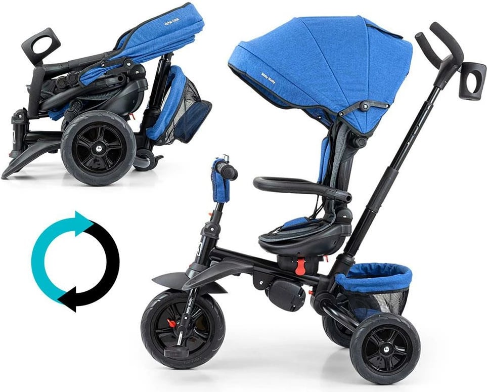 Tricikël me shufër drejtuese, Milly Mally Stanley 6-in-1, sedilje rrotulluese 360°, rrota gome, dorezë shtytëse e rregullueshme, canopy palosës, shportë – blu-zi