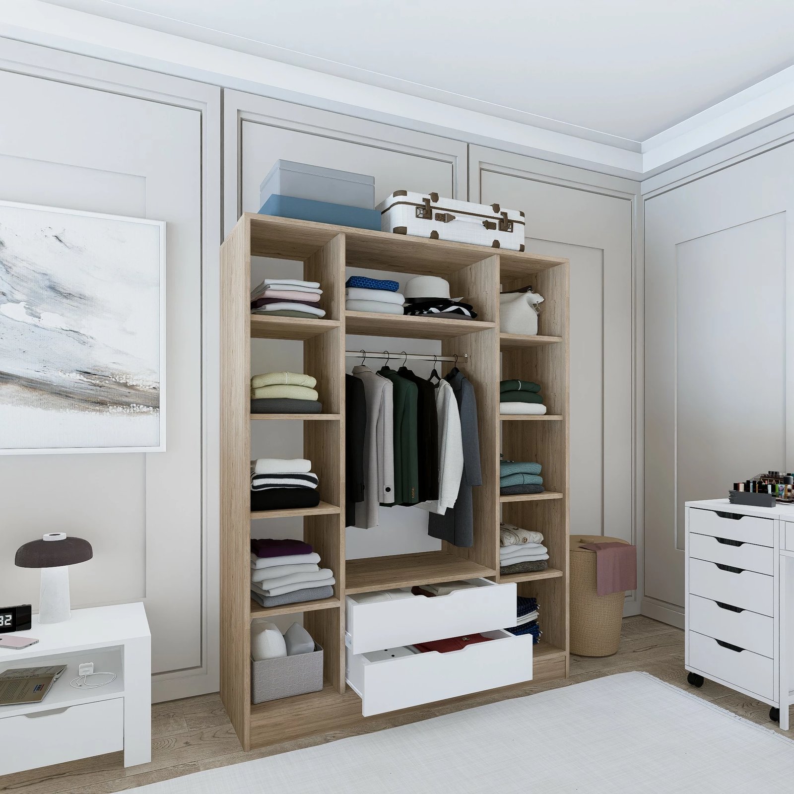 Dollap rrobash Skye Decor, Nisan 1600-018, ngjyrë arrë e çelët dhe e bardhë