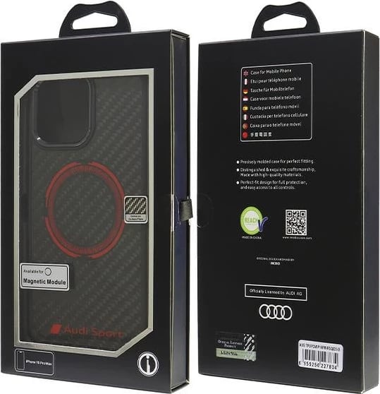 Mbështjellës Audi Carbon Fiber Sport Red Circle MagSafe për iPhone 16 Pro Max 6.9", Zi