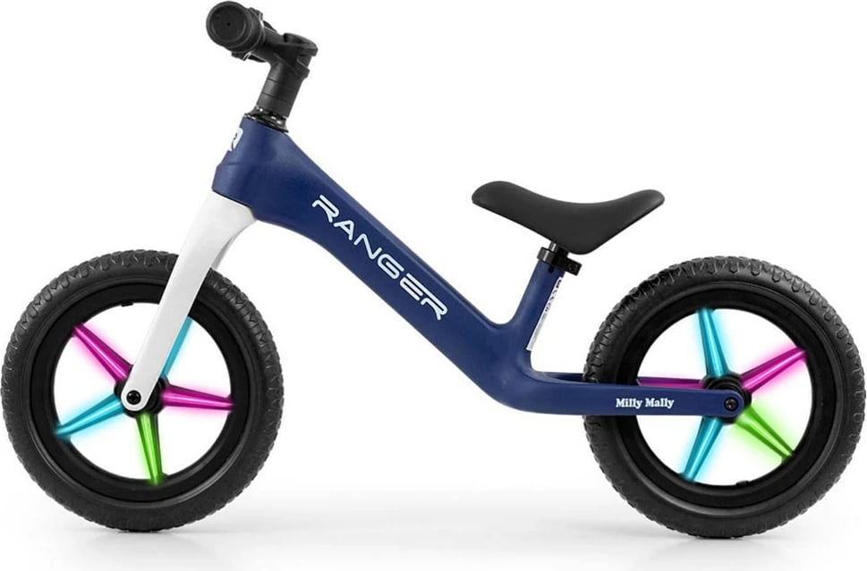 biçikletë pa pedale, Milly Mally Ranger Flash, 12", kornizë kompozite, goma EVA me LED, sedile e rregullueshme, blue navy