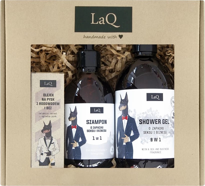 Set kozmetik për meshkuj LaQ Doberman, Shower Gel 500ml, Shampon 300ml, Vaj për mjekër 30ml