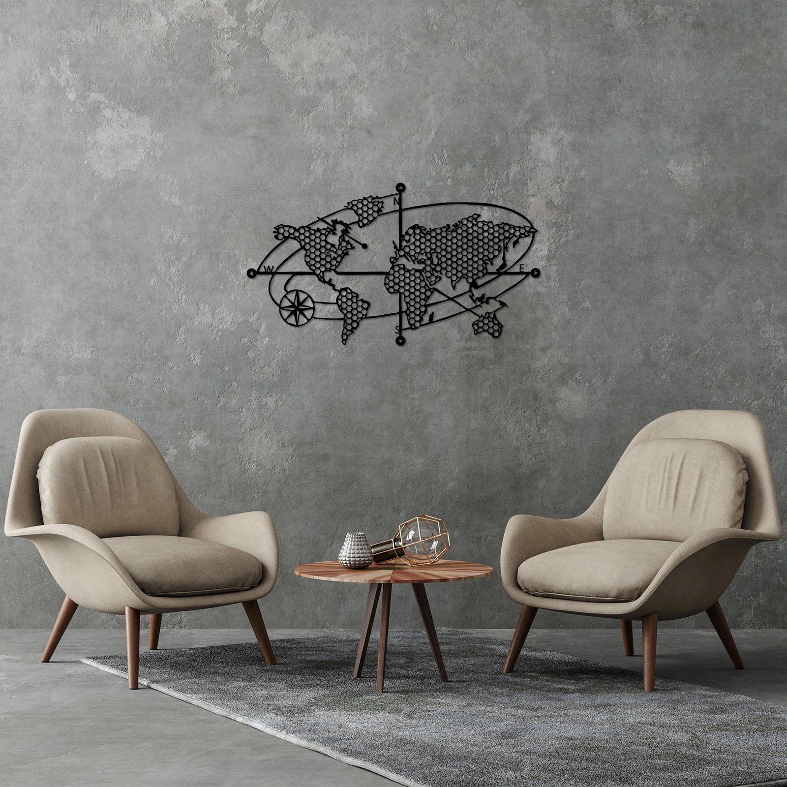 Aksesor dekorativ për mur, hartë bote, metal i zi, Wallity