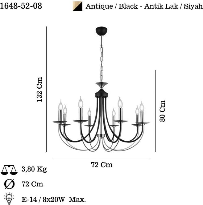 Llambadar Opviq Ferra, ngjyrë llak antik, 8 vende, 80-132cm