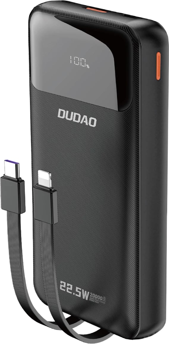 Powerbank Dudao K15Pro, 20000mAh, 22.5W, me kabllo të integruara Lightning dhe USB-C, Ekran LED, e zezë