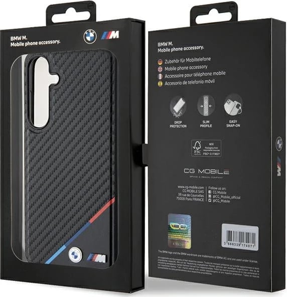 Mbështjellës BMW BMHMS24S23PUDTK Carbon Tricolor Line MagSafe për Samsung Galaxy S24, i zi