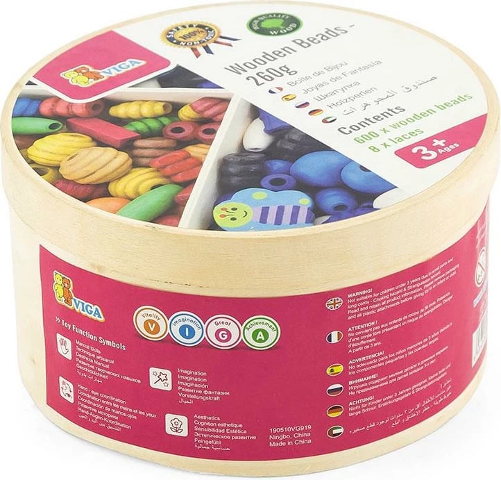 Set rruaza druri për bizhuteri, Viga, 600 copë + 8 fije, dru ahu, kuti rrethore, shumëngjyrëshe