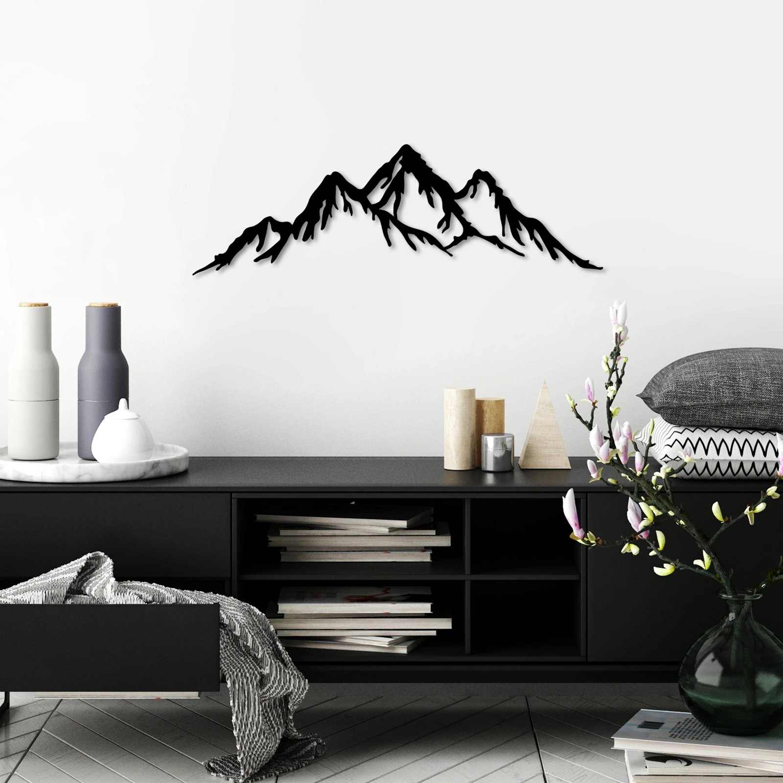 Aksesor dekorativ metalik për mur, mal, Wallity - 5, ngjyrë e zezë, 70x22cm