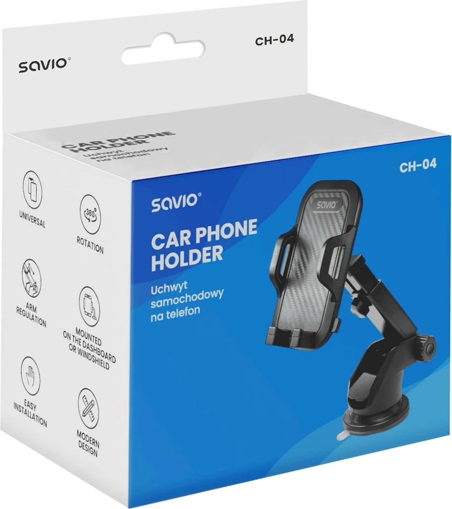 Mbajtës telefoni SAVIO CH-04 për xham veture, i zi