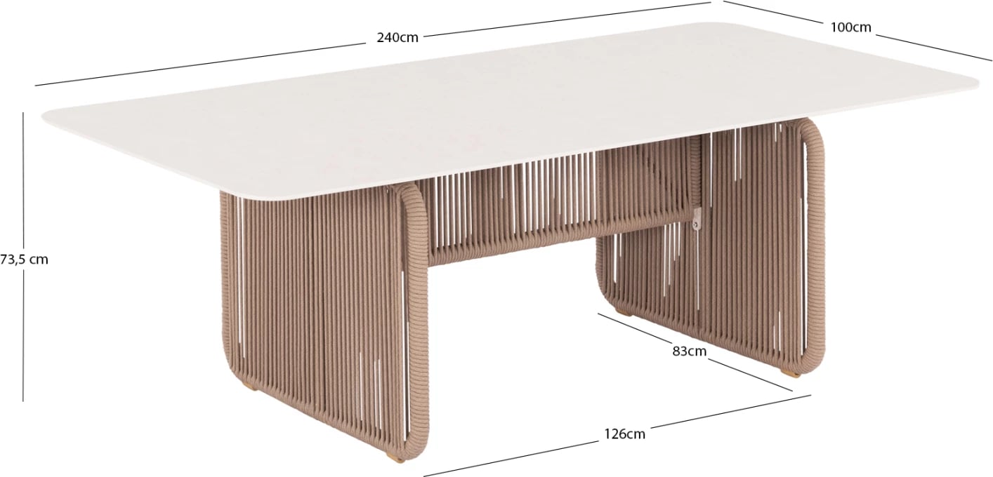 Tavolinë ngrënieje për jashtë, serisë ETHEREAL, sipërfaqe prej guri të sinterizuar ngjyrë fildishi, litar P.E. bezhë, 240x100x73.5cm