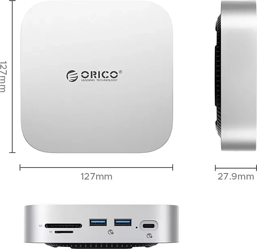 Stacion dokimi 9‑në‑1 Orico MiniLink ORICO-M48PR me hapësirë për hard disk, USB-C 10Gbps, LAN 2.5GbE, lexues SD/TF, audio 3.5 mm, argjend