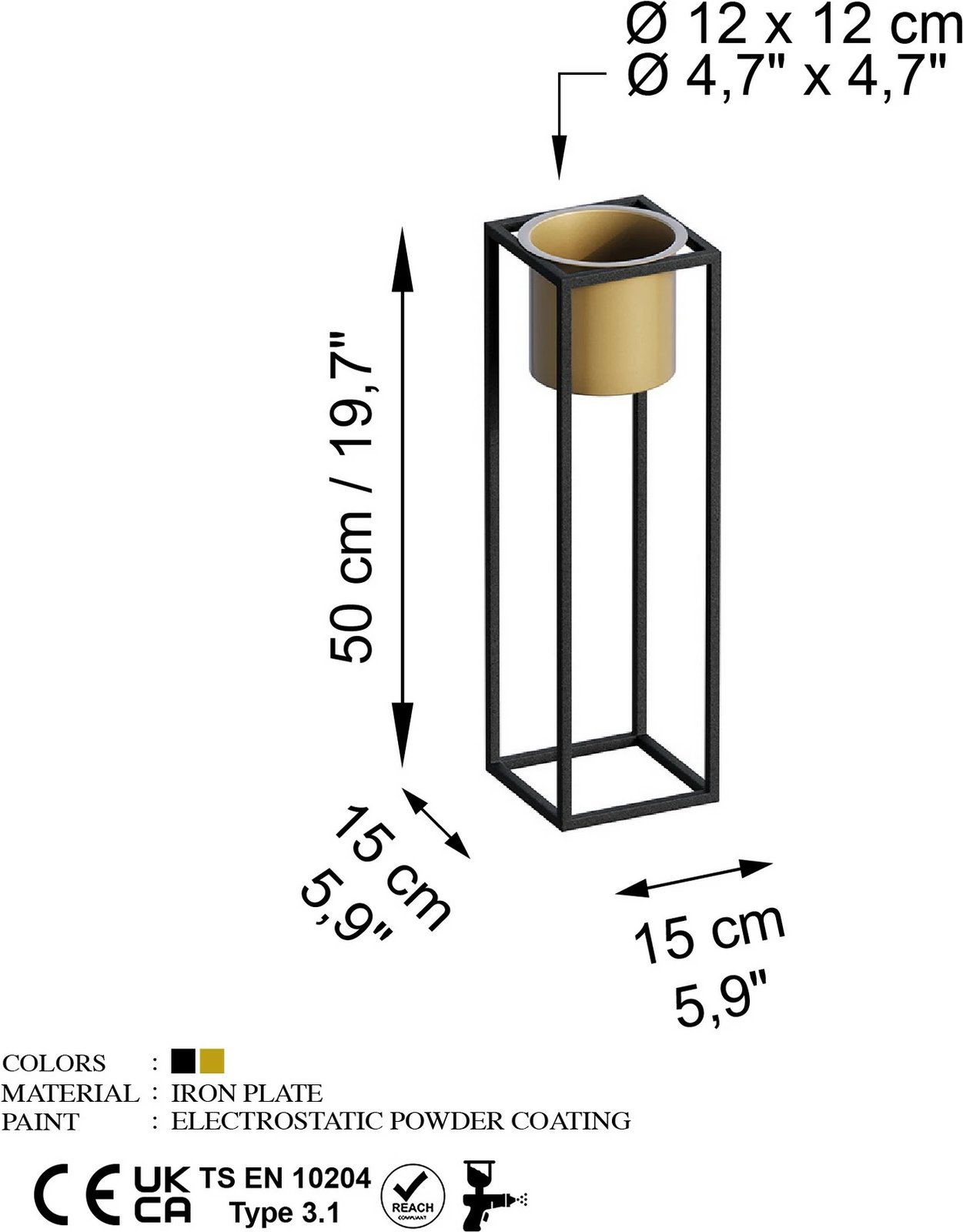 Vazo dekorative Aberto Design, GED-023-A, metal, e zezë dhe e artë, 15x15x50cm