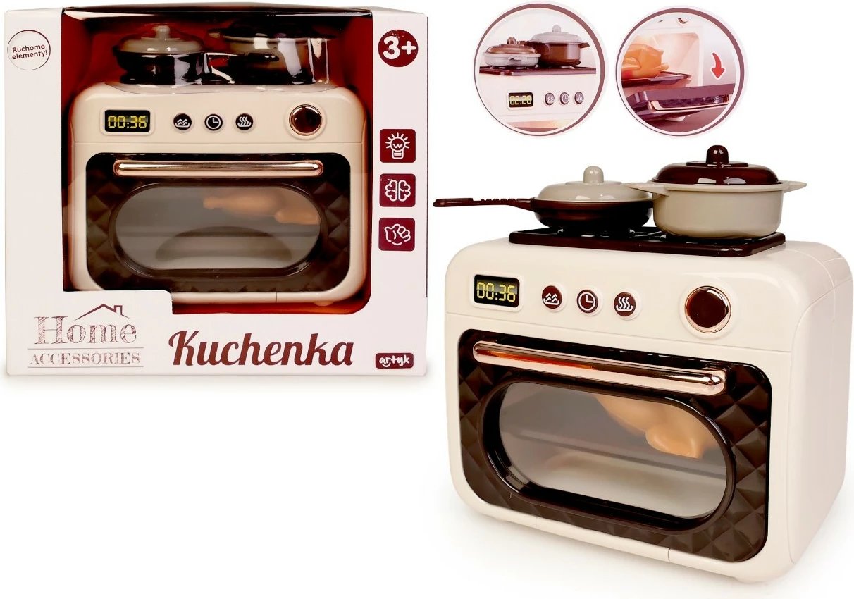 Sobë/furrë lodër me dritë, Artyk, 180507, me melodi, 12 cm, punon me 2x AA (pa bateri), set tigan + tenxhere + gjeldeti, bezhë/kafe/krem