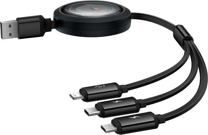 Kabllo karikimi 3-në-1 Baseus Free2Draw, USB në micro USB + USB-C + Lightning, 1.1m, e zezë