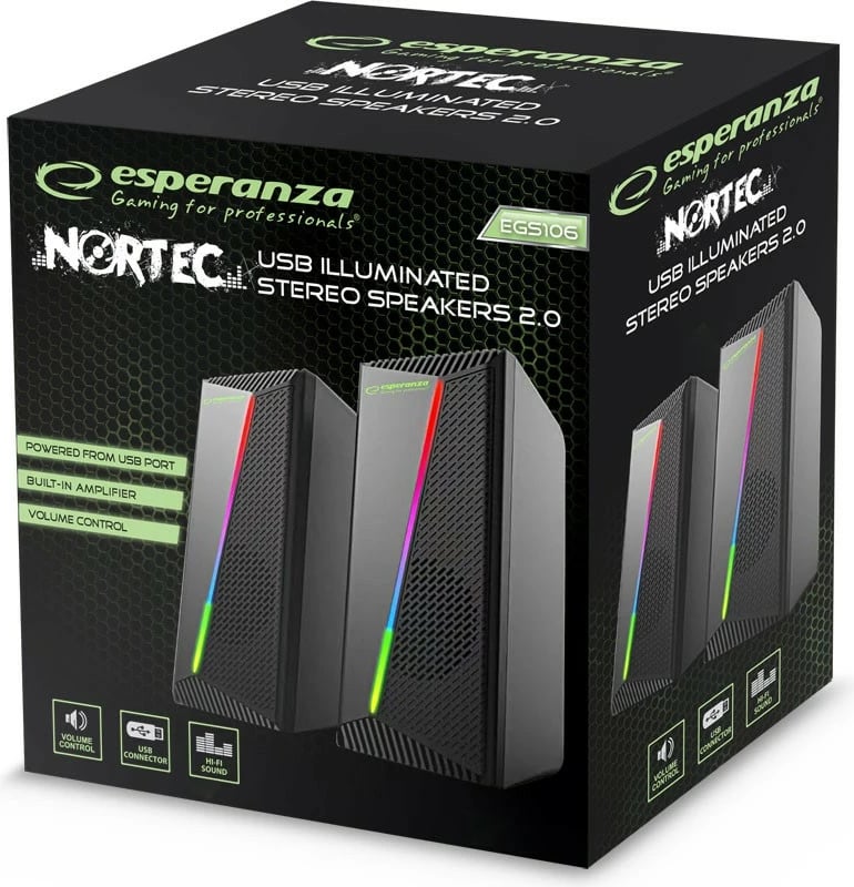 Altoparlantë kompjuteri Esperanza EGS106, 2.0, LED Rainbow, 6W, USB, Zi