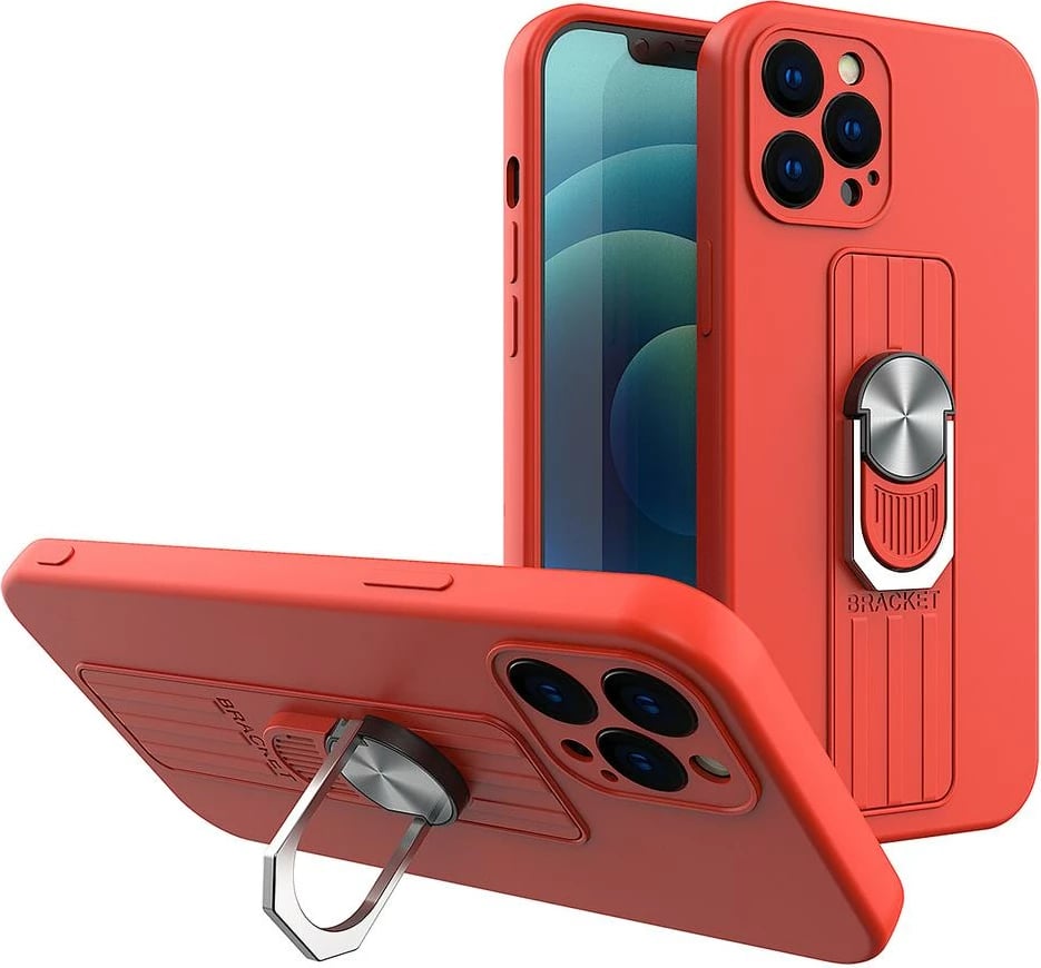 Mbështjellës silikoni Hurtel Ring Case për iPhone XS Max, me dorezë dhe qëndrim, Kuq