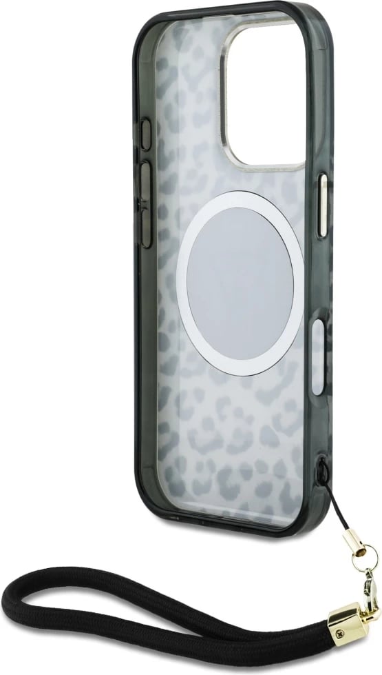 Mbështjellës Guess HC IML Leopard Triangle Cord Strap për iPhone 16 Pro, MagSafe, Zi Mbështjellës Guess HC IML Leopard Triangle Cord Strap për iPhone 16 Pro, MagSafe, Zi