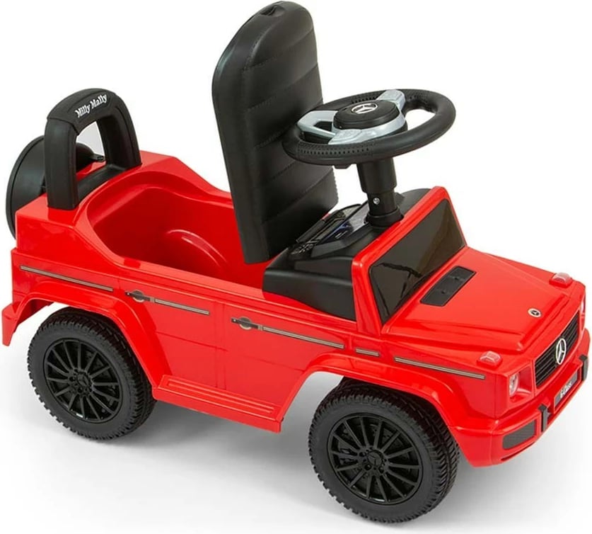 makinë lodër shtytëse për fëmijë, Milly Mally, Mercedes G350d, timon me tinguj, rrota para rrotulluese, sedilje me hapësirë, 12-36 muaj, 25 kg, e kuqe