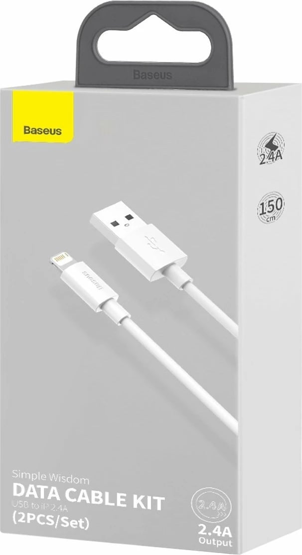 Set kabllo Baseus Simple Wisdom, USB në Lightning, 1.5m, 2.4A, Bardhë, 2 copë