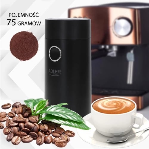 Mulli kafeje elektrik, Adler AD 4446, 150 W, kapacitet 75 g, kapak transparent, i zi/argjendtë