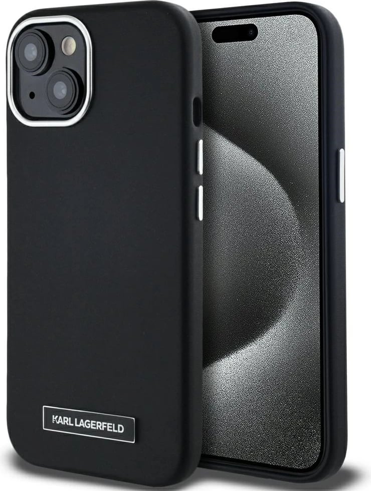 Mbështjellës Karl Lagerfeld FW Metal Plate MagSafe për iPhone 15, i zi