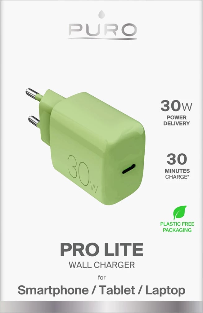 Karikues muri Puro Pro Lite 30W USB-C, PD, prizë EU, 1 port, pa kabllo, i gjelbër