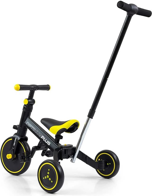 Tricikel 4n1 me shufër drejtimi, Milly Mally Optimus Plus, rrota EVA, kornizë çeliku, për 12m+, deri 25 kg, e zezë