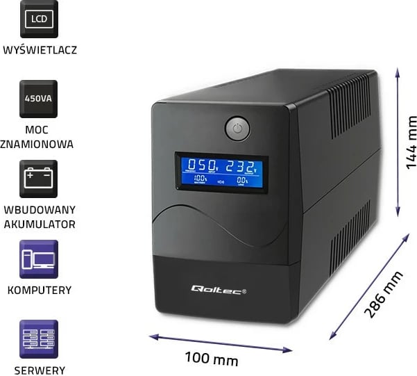 UPS Qoltec 53977, 450VA, 240W, LCD, USB, RJ45, e zezë