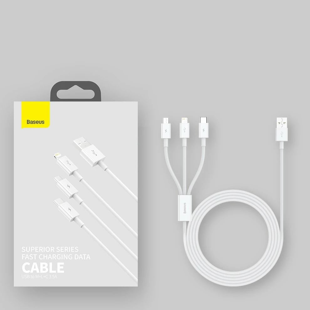 Kabllo 3n1 Baseus Superior CAMLTYS-02, 1.5m, Lightning/USB-C/Micro USB, Bardhë