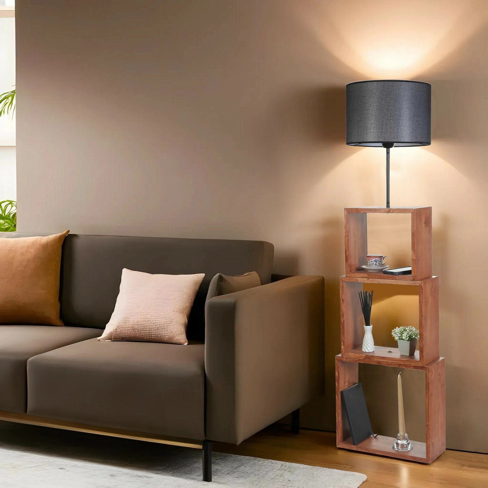 Llambë dyshemeje Opviq, 8836-10, e zezë dhe arre, trup metalik ose druri, kapak prej stofi, 140 cm Llambë dyshemeje Opviq, 8836-10, e zezë dhe arre, trup metalik ose druri, kapak prej stofi, 140 cm