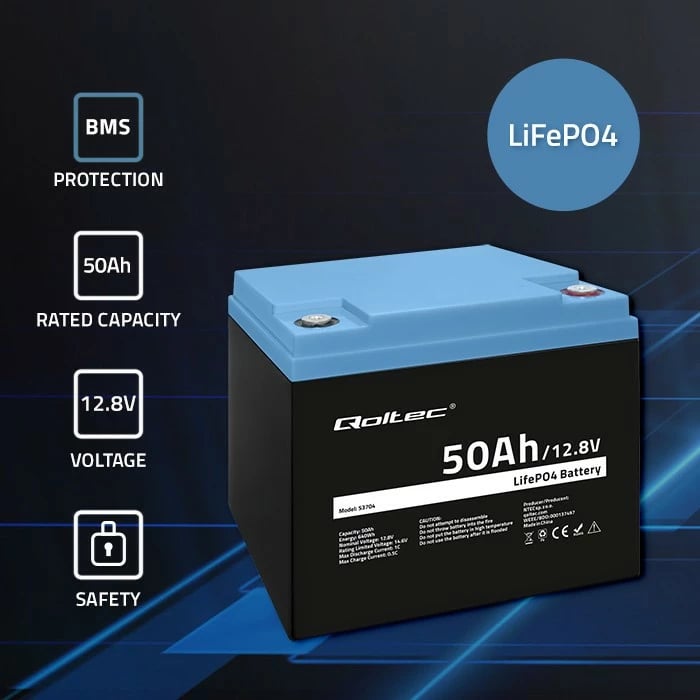 Bateri rikarikueshme Qoltec 53704, LiFePO4, 12.8V, 50Ah, 640Wh, me BMS Bateri rikarikueshme Qoltec 53704, LiFePO4, 12.8V, 50Ah, 640Wh, me BMS