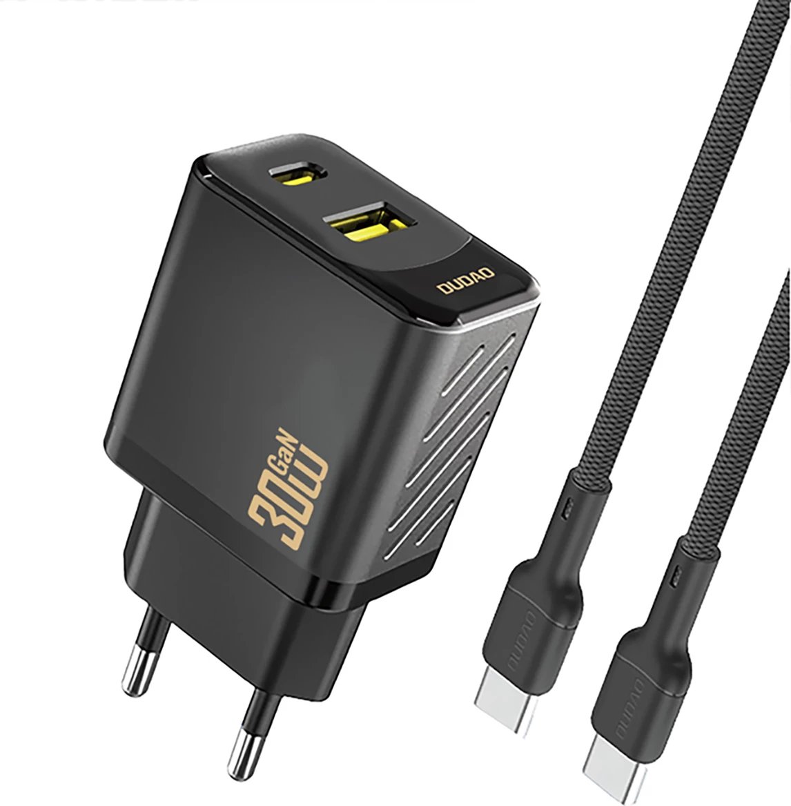 Karikues muri Dudao A27TCEU GaN PD 30W, 2 porta USB-A/USB-C, prizë EU, i zi, me kabllo USB-C 1m