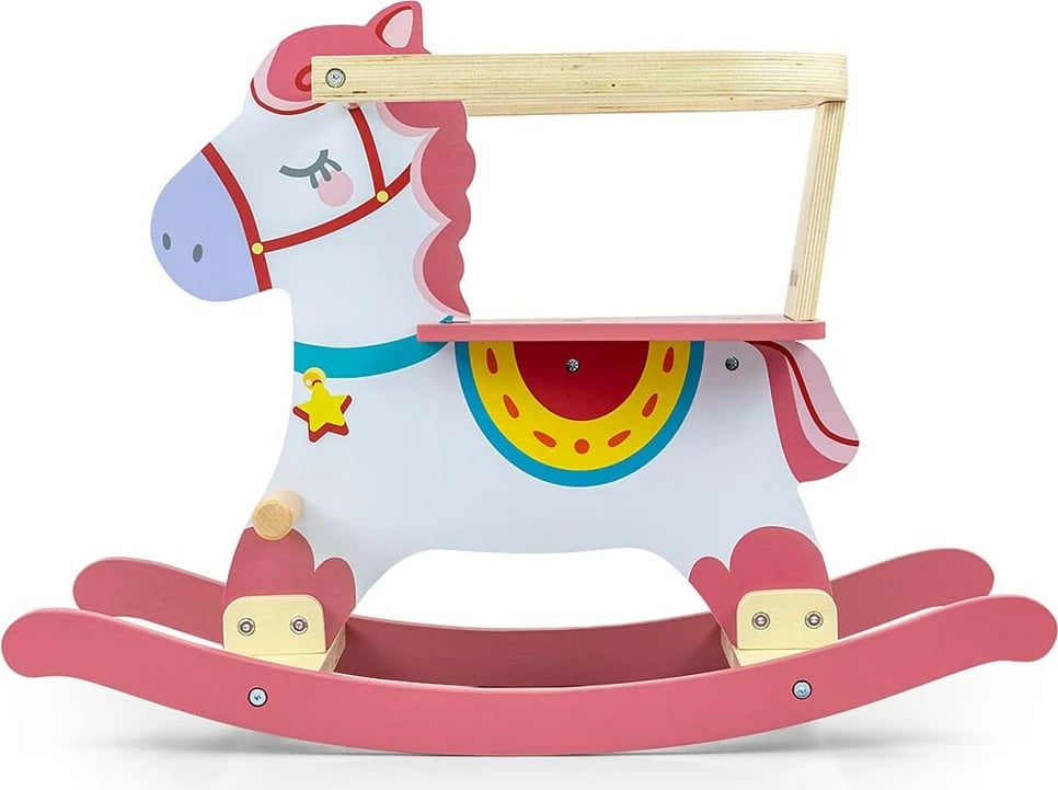 Kalë luhatës druri, Milly Mally, Lucky, me mbështetëse dhe barriera të heqshme, 12–36 muaj, rozë