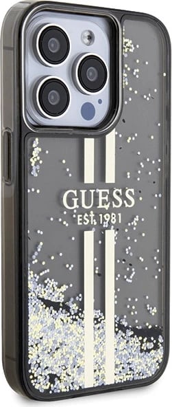 Mbështjellës Guess Liquid Glitter Gold Stripes për iPhone 15 Pro, i zi Mbështjellës Guess Liquid Glitter Gold Stripes për iPhone 15 Pro, i zi