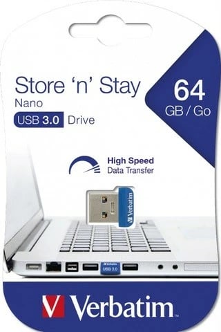 Pendrive Verbatim NANO Store 'n' Stay, 64GB, USB 3.0, Blu