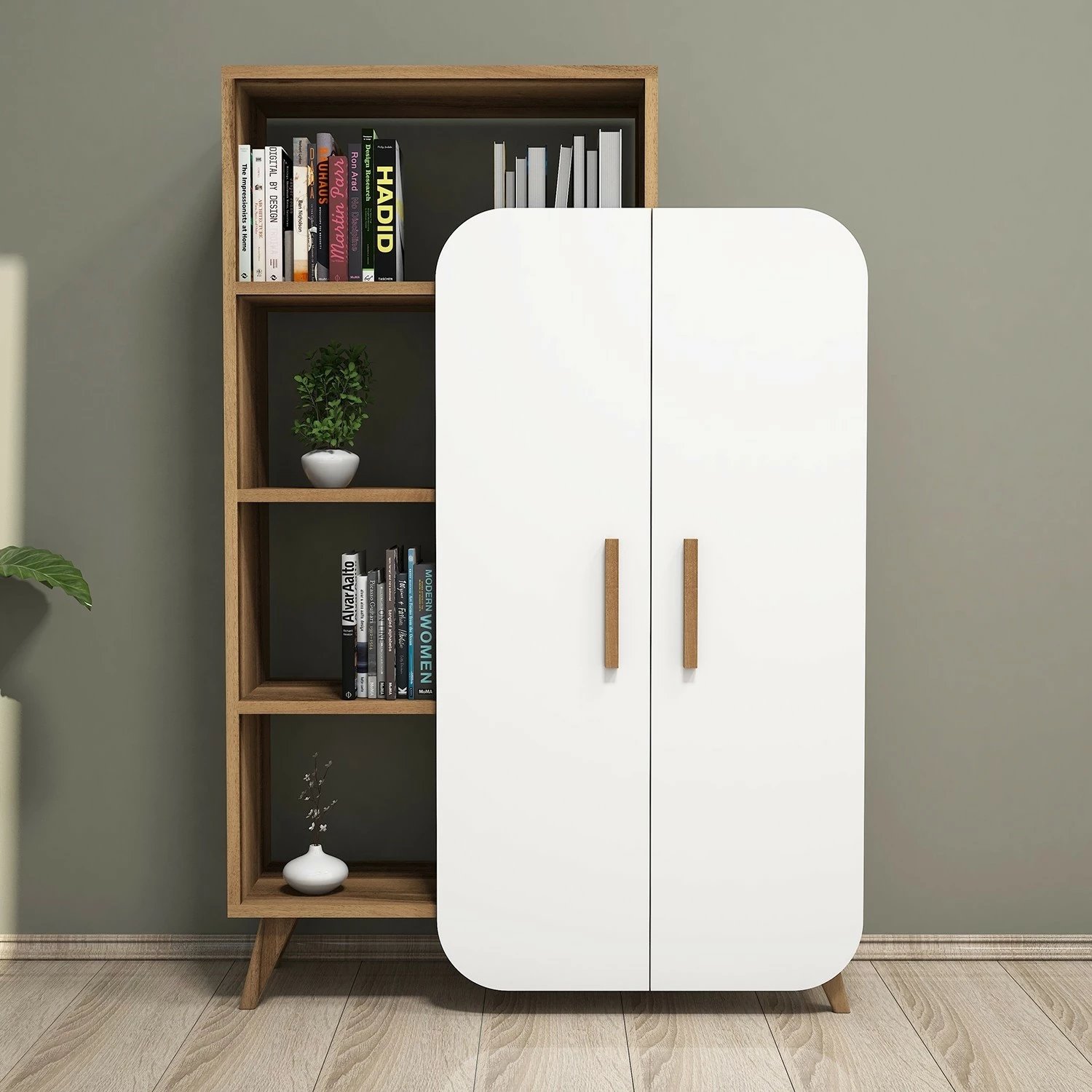 Raft librash Hanah Home, formë moderne, ngjyrë arrë dhe e bardhë