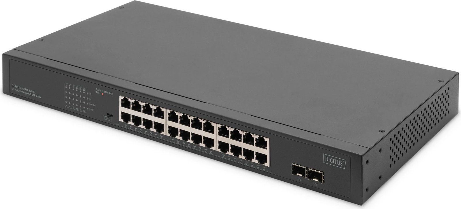 Switch Digitus 24-port Gigabit, unmanaged, PoE, rack 1U, zi