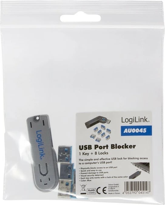 Set bllokues USB LogiLink AU0045 me çelës, Blu, 8 copë
