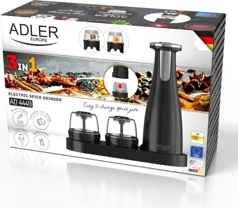 Mulli elektrik për kripë dhe piper, Adler AD 4449, rregullim trashësisë, kapacitet 150 ml, bateri 1500mAh, USB-C, e zezë mat, set 3 mullinj