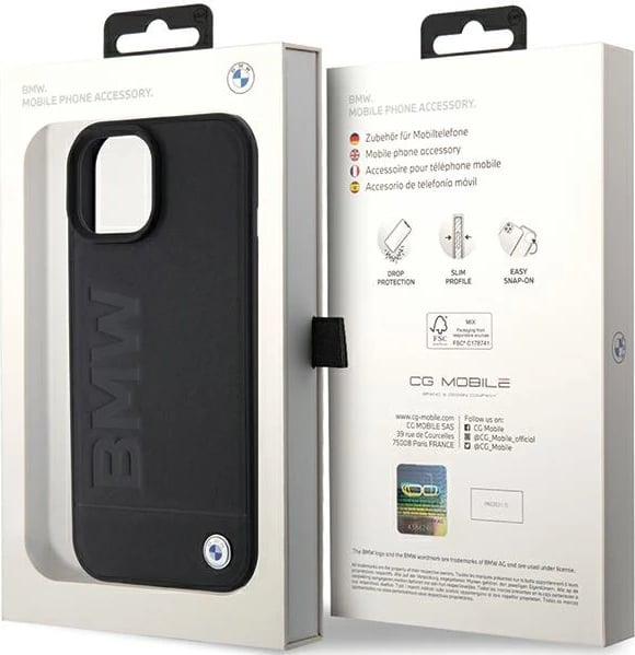 Mbështjellës BMW Leather Hot Stamp për iPhone 15 Plus, e zezë