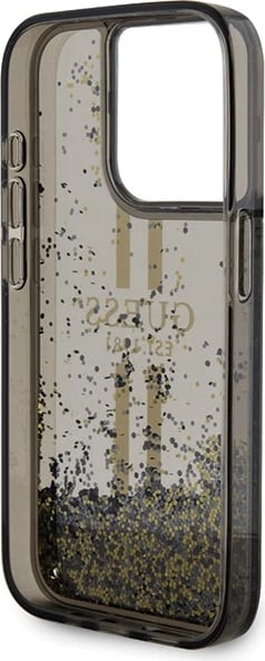 Mbështjellës Guess Liquid Glitter Gold Stripes për iPhone 15 Pro, i zi Mbështjellës Guess Liquid Glitter Gold Stripes për iPhone 15 Pro, i zi