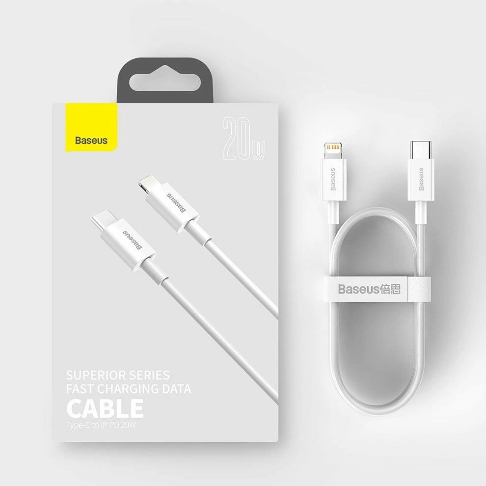 Kabllo Baseus Superior Series CATLYS-A02, USB-C në Lightning, 1 m, 20W, e bardhë