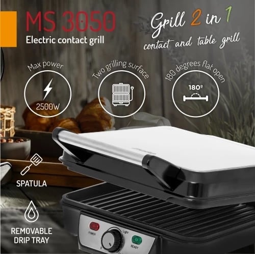 Grill elektrik kontakt 2-në-1, Mesko MS 3050, 2500W max, pllaka 28x23 cm, hapje 180°, kontroll temperature, veshje jo‑ngjitëse, me tabakë piku dhe spatulë
