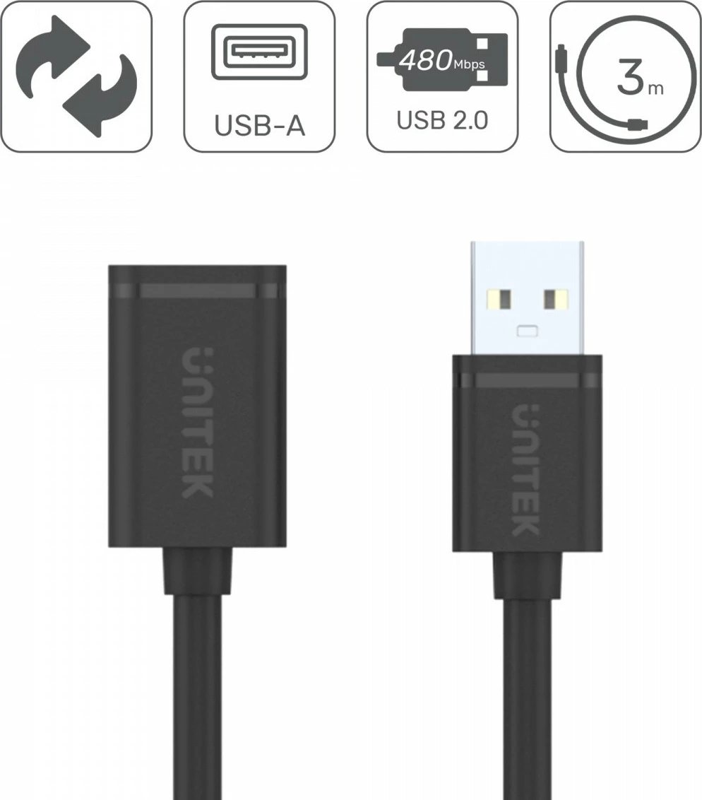 Kabllo zgjatues USB 2.0 Unitek Y-C447GBK, 0.5m, e zezë