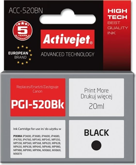 Ngjyrë zëvendësuese Activejet ACC-520BN për printer Canon, 20ml, e zezë