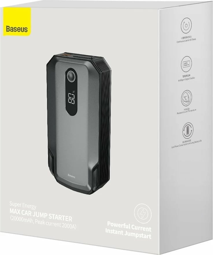 Jump starter Baseus CGNL020001, powerbank 20000mAh, 12V, 2000A, me kabllo krokodili, e zezë Jump starter Baseus CGNL020001, powerbank 20000mAh, 12V, 2000A, me kabllo krokodili, e zezë