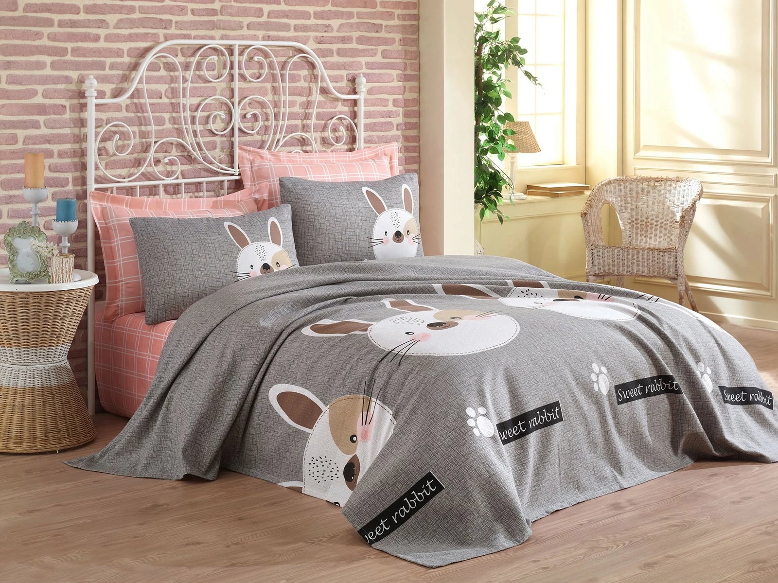 Set piké dopio Tavşancık, ngjyrë gri, kafe, bezhë, e zezë, rozë