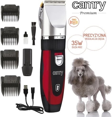 Makinë qethëse për kafshë, Camry CR 2821, motor 35W, koka titan me teh qeramike, USB, me/pa kabllo, 4 krehra 3–12 mm, bateri 1600 mAh, e zezë/argjend, set me bateri shtesë, vaj, furçë dhe kabëll USB Makinë qethëse për kafshë, Camry CR 2821, motor 35W, koka titan me teh qeramike, USB, me/pa kabllo, 4 krehra 3–12 mm, bateri 1600 mAh, e zezë/argjend, set me bateri shtesë, vaj, furçë dhe kabëll USB