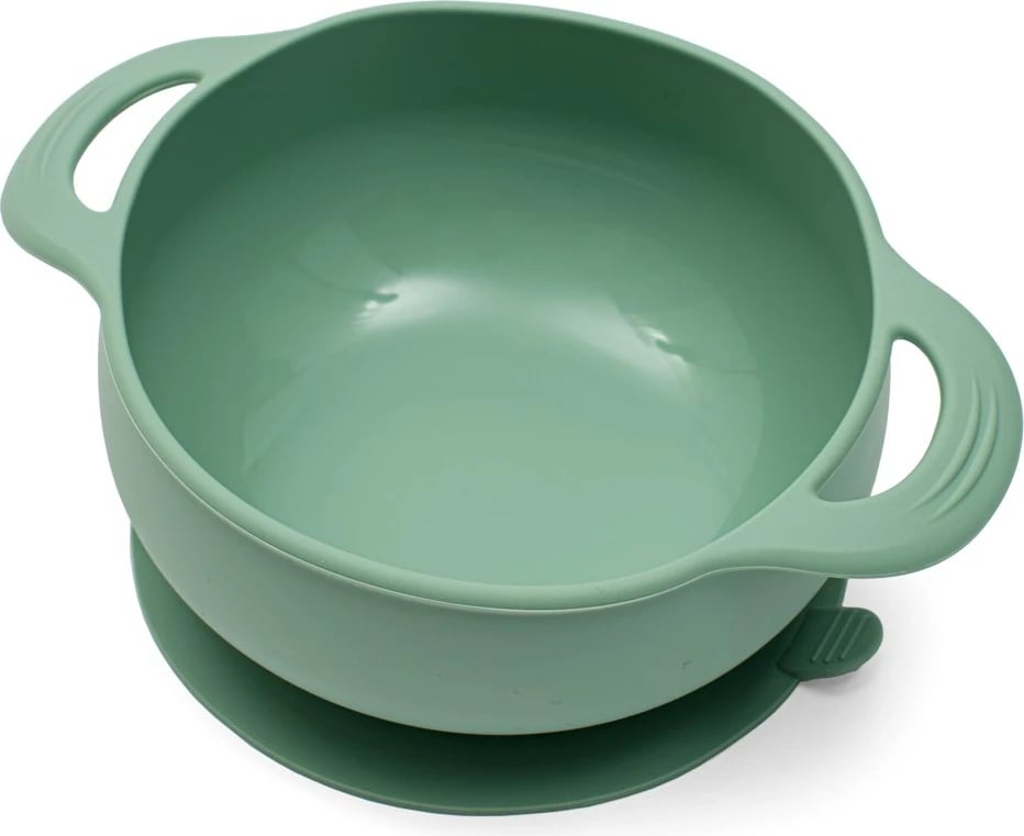 Set ushqimi silikon për fëmijë, New Baby, me pjatë të ndarë me vakum, tas me vakum me doreza, lugë e pirun me dorezë druri, përparëse me xhep, jeshile, set 5-pjesësh