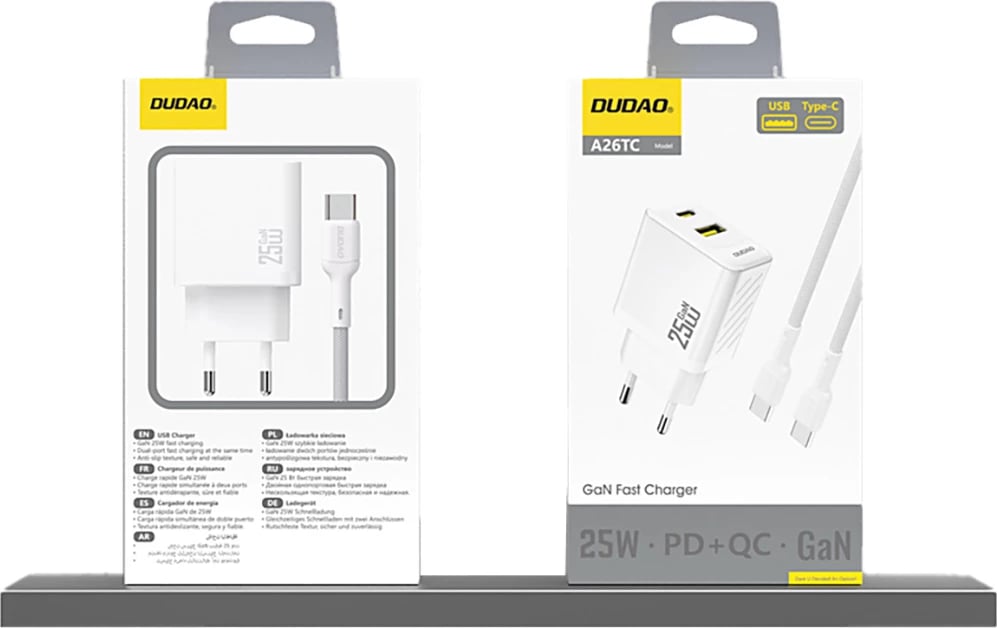 Karikues muri Dudao A26T, GaN, 25W, 2 porta USB-C/USB-A, i bardhë