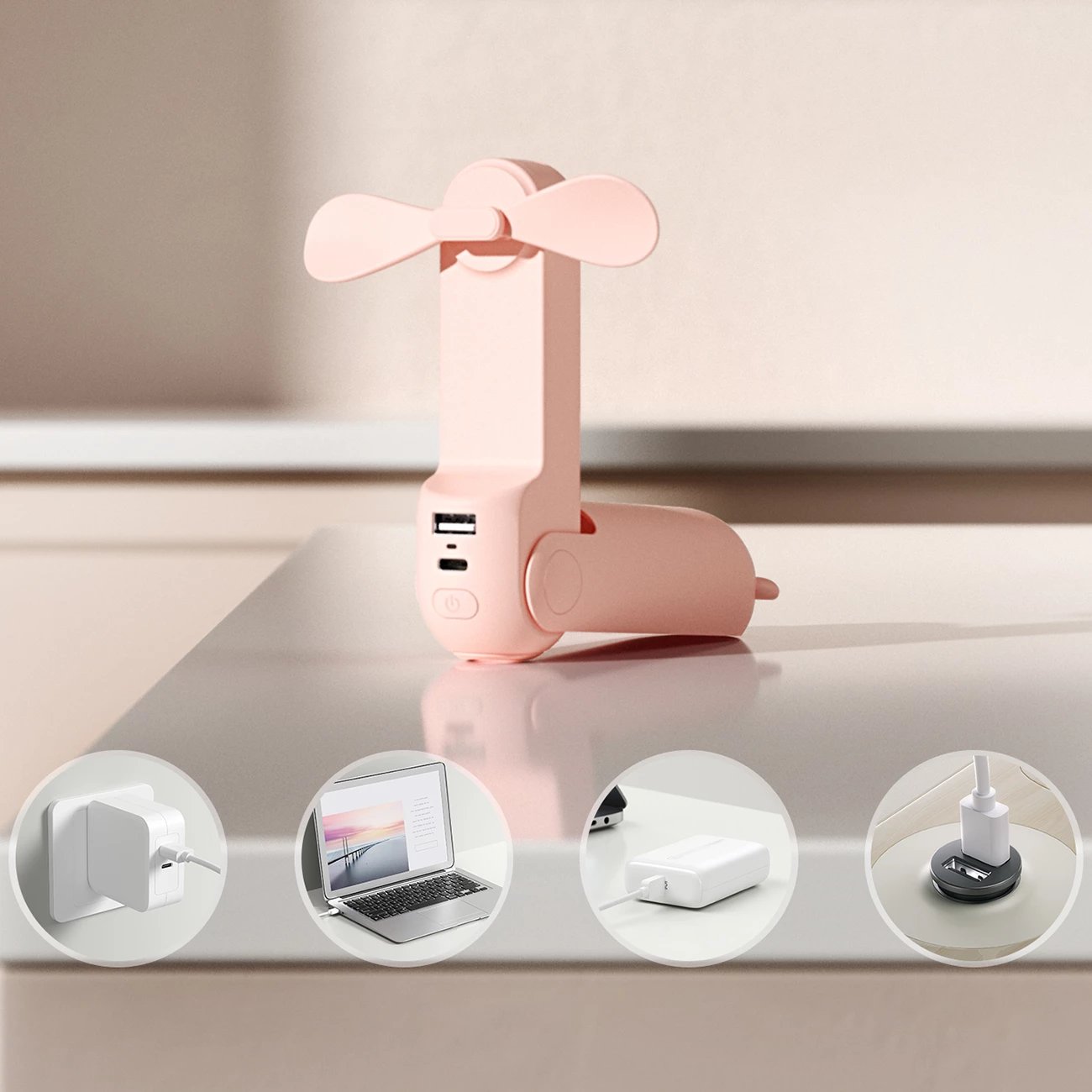 Ventilator dore Jisulife Handheld Fan Life8, 2000 mAh, me power bank dhe dritë LED, Rozë